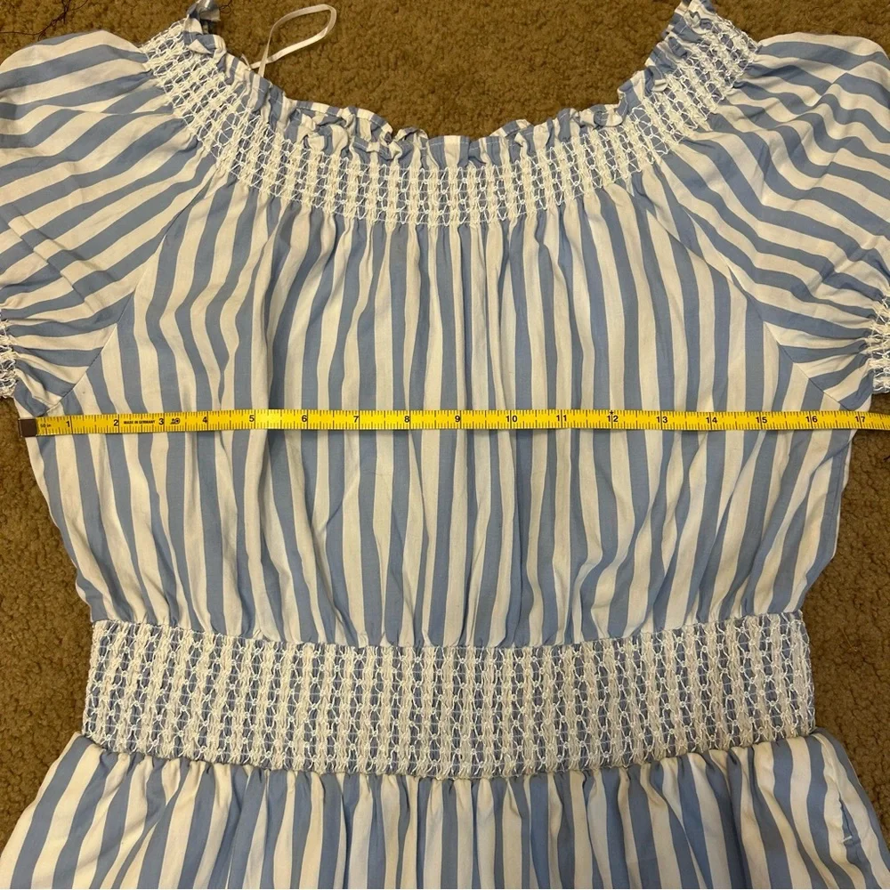 J. Crew 100% cotton Smocked puff-sleeve poplin dress in stripe blue white S